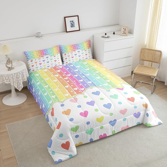 Manfei Cartoon Rainbow Kids Comforter Set King Size,Wave Points Love Heart Dreamy Style Bedding Set,Girls Women Room Decor,Colorful Geometric Stripes Down Comforter,Chic Duvet Insert,2 Pillowcases