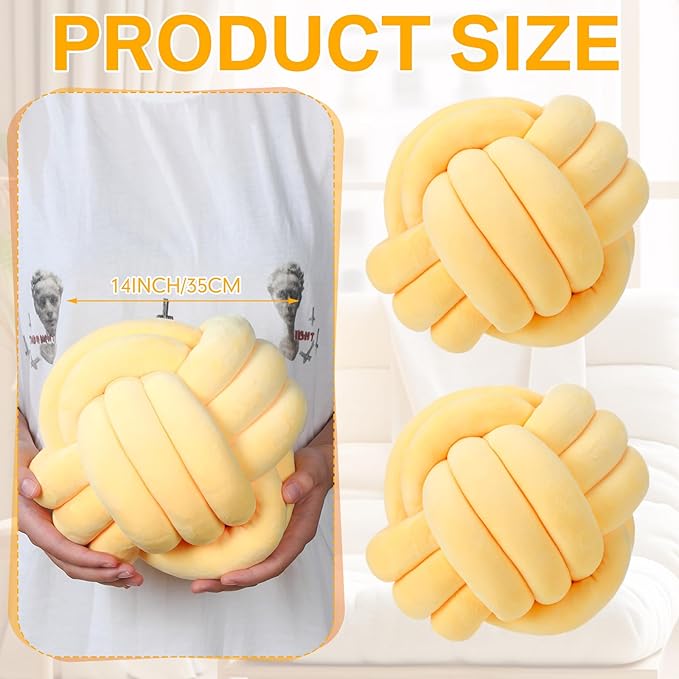 Namalu 2 Pcs Soft Knot Pillow Ball, Decorative Round Throw Knotted Pillows Cushion, Handmade Stuffed Ball Pillows for Winter Bedroom Sofa Couch Home Decor(7.87 Inches,Light Yellow)
