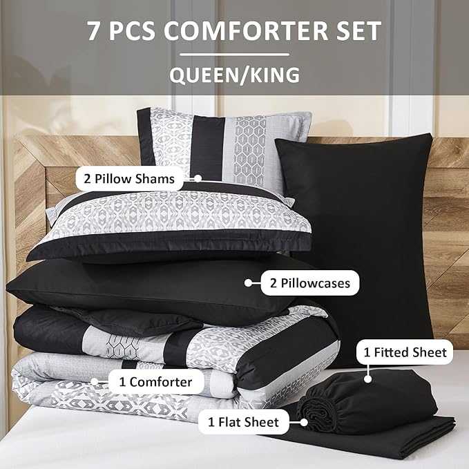 DJY Black Comforter Set Queen Size,7 Pieces Bed in a Bag Boho Striped Bedding Sets,Black and White Soft Microfiber Bedding Set for All Season(90"×90")