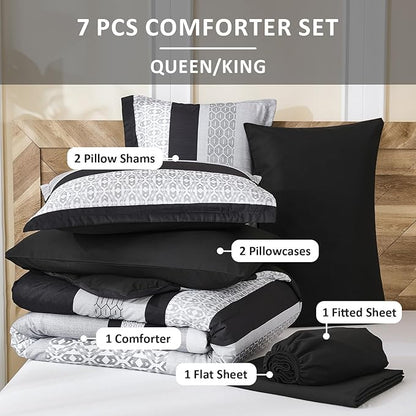 DJY Black Comforter Set Queen Size,7 Pieces Bed in a Bag Boho Striped Bedding Sets,Black and White Soft Microfiber Bedding Set for All Season(90"×90")