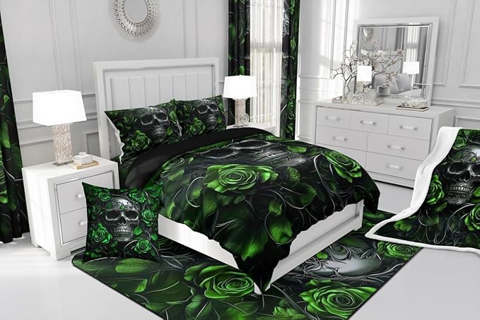 Erosebridal Adults Gothic Comforter Set Bohemian Boho Goth Bedding Full Size Vintage Horror Skull Bed Sets Lime Green Rose Baroque Victorian Romantic Rose Duvet Insert,Halloween Gothic Decor
