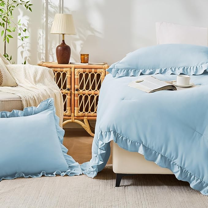 FUANNA King Size Comforter Set Light Blue, 3 Pieces Ruffle King Bedding Set, Fluffy Farmhouse Bed in a Bag King with 1 Lightweight Comforter & 2 Pillowshams