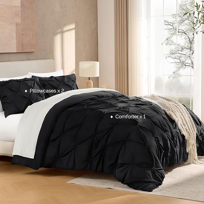 Andency Black King Size Comforter Set, 3 Pieces Boho Lightweight Pinch Pleat Comforter, Pintuck Solid Bedding Set & Collections, All Season Fluffy Microfiber Bed Set(104x90In Comforter)