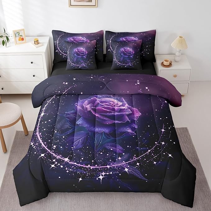 Erosebridal 7 Piece Purple Rose Comforter Set Twin with Sheets,Romantic Flowers Rose Bedding Set for Couples Bedroom Decor,Galaxy Stars Bed in a Bag,Valentines Day Wedding Gifts for Women Girls