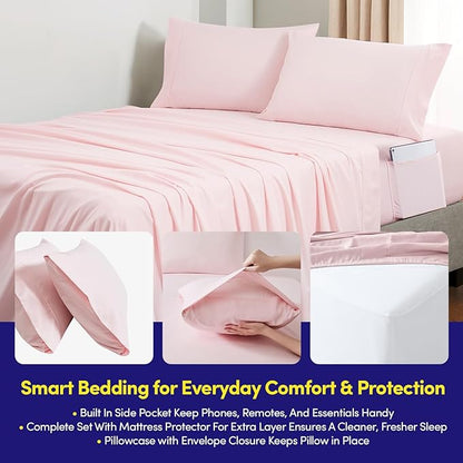 Queen Comforter Set Quilted Stripe Bedding Bundle – Stylish Set with Comforter, Mattress Protector, Sheet Set & Pillow Shams — Sophisticated Striped Design for Home & Guest Rooms, Pale Pink