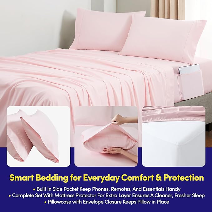 Full Size Comforter Set Quilted Stripe Bedding Bundle – Stylish Set with Comforter, Mattress Protector, Sheet Set & Pillow Shams — Sophisticated Striped Design for Home & Guest Rooms, Pale Pink