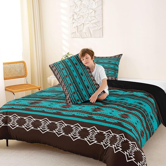 Erosebridal Western Quilt Vintage Geometric Bedding Set,Boho Comforter Set Full Duvet Insert,Western Home Decor Rustic Farmhouse Bedroom,Aztec Full Native American Green Brown, Multi 39