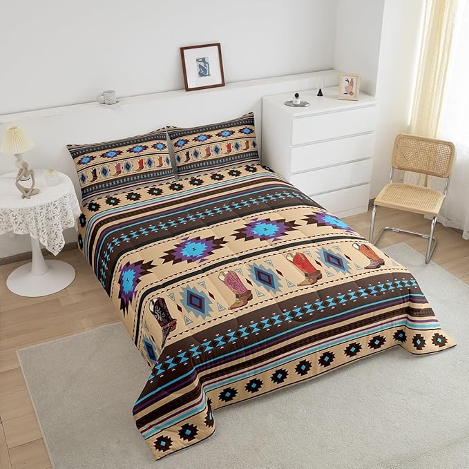 Feelyou Brown Western Bedding Set Southwestern Comforter Set Room Decor Cowboy Shoes Wild Western Geometric Tribal Comforter Twin Size Rodeo Cowboy Style Duvet Set 2Pcs