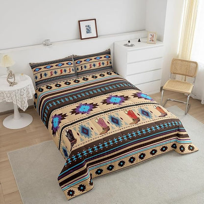 Feelyou Brown Western Bedding Set Southwestern Comforter Set Room Decor Cowboy Shoes Wild Western Geometric Tribal Comforter Twin Size Rodeo Cowboy Style Duvet Set 2Pcs