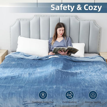 Electric Heated Blanket Full Size 72"x84",Fast Heating, Soft Microplush for Bed & Couch, 1-10Hs Auto Off & 6 Heating Levels, Machine Washable, Gifts for Grandma & Family-Light Blue Grey