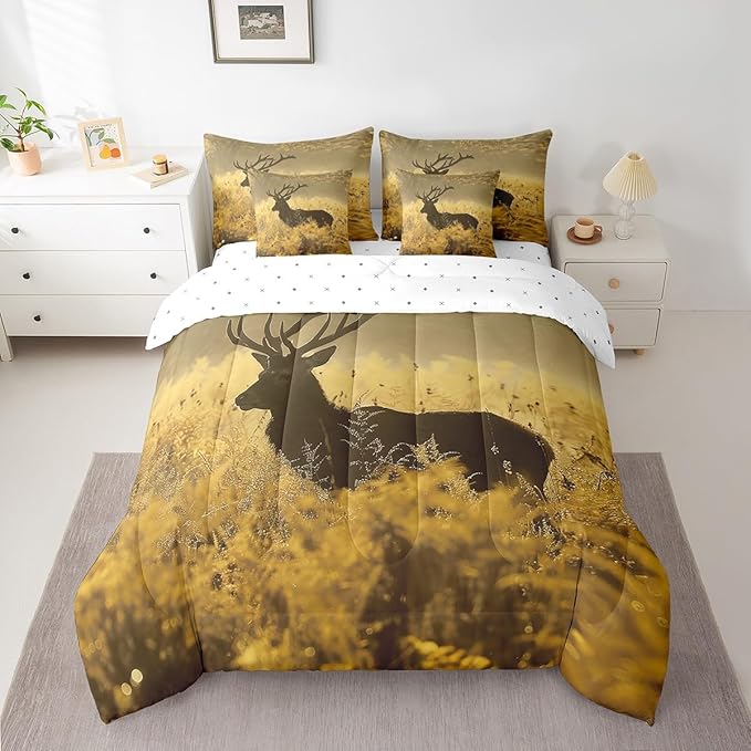 Erosebridal Deer 7 Piece Bed in a Bag Queen Size,Deer Antler Comforter Set,Rural Hunting Theme Down Comforter,Rustic Countryside Style Fitted Sheet,Wild Animals Bedding Sets for Bedroom Decor