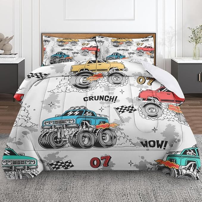 Trucks Car Race Comforter Set for Boys Kids Toddlers Teens Adults King, Cool Vehicle Wheel Bedding Sets Water Washed Microfiber Bedding with 1 Comforter 2 Pillowcase All Season