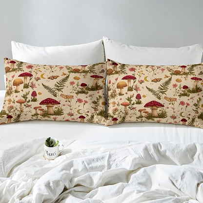 Erosebridal Wild Mushroom Butterfly Flower Bedding Set, Boho Mushroom Moth Comforter Set Full for Kids Girls Boys Teens Adults, Spring Blossom Comforter, Natural Wild Fungus Quilt 3 Piece