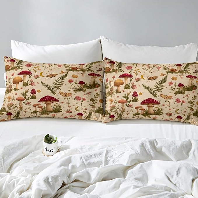 Erosebridal Wild Mushroom Butterfly Flower Bedding Set, Boho Mushroom Moth Comforter Set Twin for Kids Girls Boys Teens Adults, Spring Blossom Comforter, Natural Wild Fungus Quilt 2 Piece