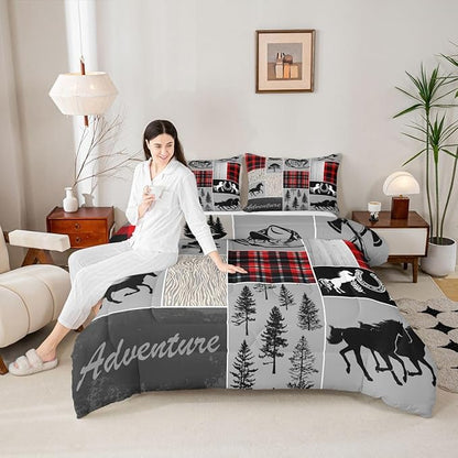 Erosebridal Horse Duvet Insert for Boys, Western Cowboy Comforter Set Horseshoe Riding Boots Bedding Set Vintage Adventure Decor Rustic Farmhouse Cabin Lodge Quilt King, with 2 Pillow Cases,Red Grey