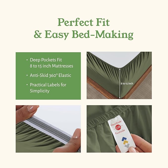 California Design Den Queen Sheets Set - Soft 100% Organic Sheets with Deep Pockets, Crisp Percale, Breathable and Durable Bedding Set - Olive Green