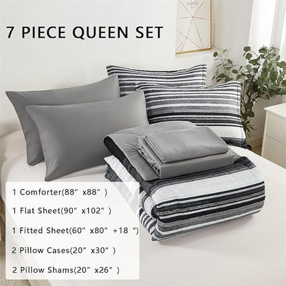 KAKIJUMN 7 Piece Bed in a Bag Stripe Comforter Set Queen Size, White Grey Black Patchwork Striped Comforter and Sheet Set, All Season Soft Microfiber Complete Bedding Sets(Grey,Queen)