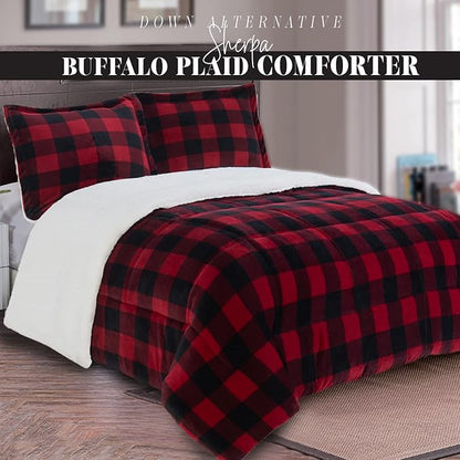 Elegant Comfort 3-Piece Buffalo Lodge-Plaid Comforter Set, Luxurious, Heavyweight, All Season, Down Alternative-Micromink Sherpa-Backing Reversible Micro-Suede, Soft and Plush, Twin, Burgundy/Black