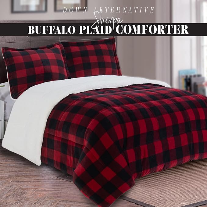 Elegant Comfort 3-Piece Buffalo Lodge-Plaid Comforter Set, Luxurious, Heavyweight, All Season, Down Alternative-Micromink Sherpa-Backing Reversible Micro-Suede, Soft and Plush, Full, Burgundy/Black