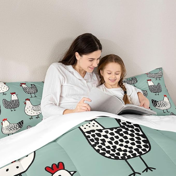Erosebridal Chicken Comforter, Cartoon Chick Bedding Set, Cute Farmhouse Animal Down Comforter Twin Size, Teal Black Quilted Duvet Lightweight Bedroom Decor for Kids Boys Girls, 1 Pillow Case