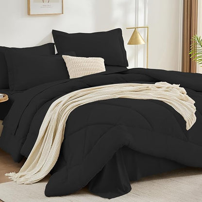 FUANNA 7 Pieces Full Size Comforter Sets, All Season Bedding Sets Full Size, Luxury Soft Bed in a Bag with Comforter, Flat Sheet, Fitted Sheet, Pillowcases & Pillow Shams, Black