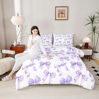 Erosebridal Purple Bowknot Girls King Bedding Set Dreamy Princess Bow Comforter Set Cute Kawaii Ribbon Bow Bedding Comforter Sets for Kids Teen Women Bedroom,Fantasy Coquette Bowknot Bed Set