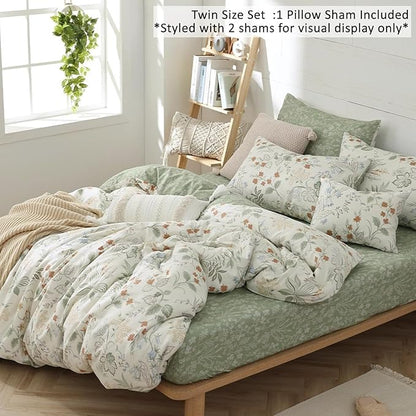 Natural Cotton 2pcs Botanical Comforter Sets Twin Size-Green Comforter with Red & Blue Flowers,Gray Leaves on Off-White, Reversible Lightweight Bedding Sets(Twin 68"×90")