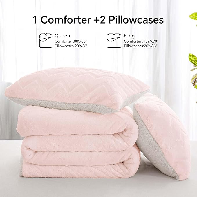 BEDELITE Fluffy King Size Comforter Set - Super Soft Sherpa Pink Comforter for King Size Bed, Luxury Warm Bedding Set for Winter, Fuzzy Bed Set 3 Pieces (1 Comforter, 2 Pillowcases)