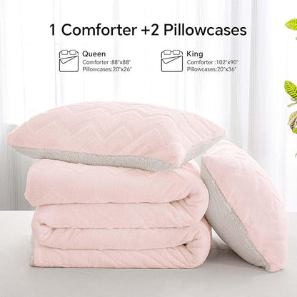 BEDELITE Fluffy King Size Comforter Set - Super Soft Sherpa Pink Comforter for King Size Bed, Luxury Warm Bedding Set for Winter, Fuzzy Bed Set 3 Pieces (1 Comforter, 2 Pillowcases)