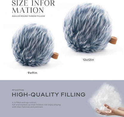 Ashler Plush Round Pillows, Ball Throw Pillow with Handle, Faux Fur Luxury Soft Decorative Cushion, Modern Home Decor Fluffy Round Pillow for Sofa, Bed, Chair, Dark Blue, 12 x 12 inch