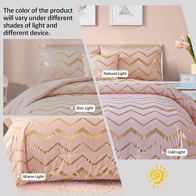 Menghomeus Pink Comforter Set King Size Metallic Blush and Rose Gold Bed Comforter 4 Piece Soft Microfiber Bedding for Teen Girls Women (2 Pillow Shams + 1 Decorative Pillow Sham)