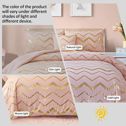 Menghomeus Pink Comforter Set King Size Metallic Blush and Rose Gold Bed Comforter 4 Piece Soft Microfiber Bedding for Teen Girls Women (2 Pillow Shams + 1 Decorative Pillow Sham)
