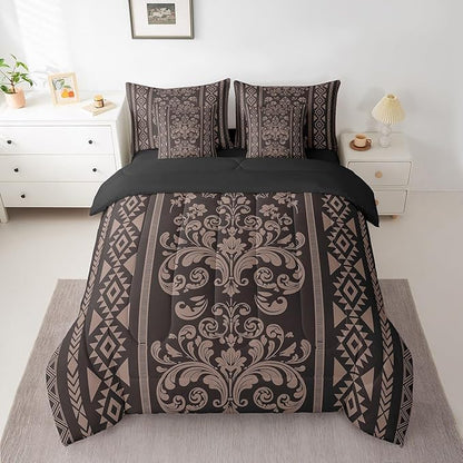 Comforter Set King Size, Pale Brown Damask Aztec 7 Pcs Bedding for Kids and Adults, Baroque Western Boho Gothic Floral Bed Sheet Sets with Fitted Sheet 2 Pillowcases & 2 Shams for Bedroom Bed Decor
