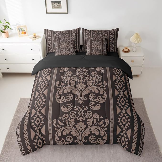 Comforter Set Queen Size, Pale Brown Damask Aztec 7 Pcs Bedding for Kids and Adults, Antique Decor Western Baroque Gothic Bed Sheet Sets with Fitted Sheet 2 Pillowcases & 2 Shams for Bedroom Bed Decor