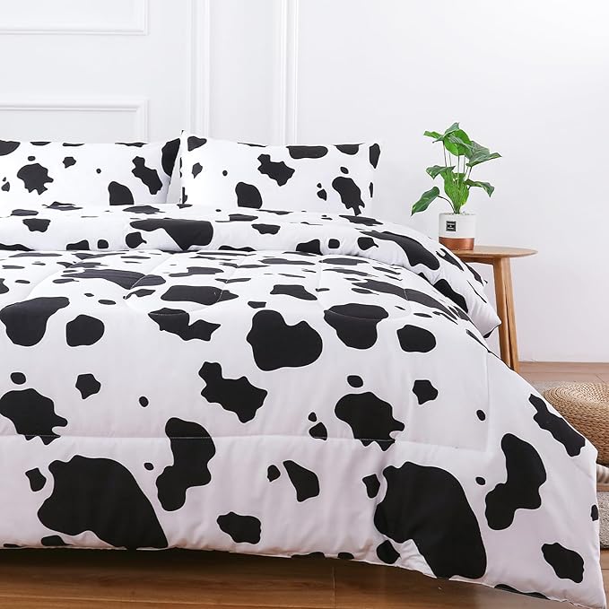 PERFEMET Cow Print Full Comforter Set Boys 3 Piece Cartoon Milk Bedding Set Cowhide Bed Set Reversible Plaid Teen Girls Bed Sets with Pillowcases (Full, Black and White)