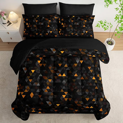 Geometric Yellow Black Triangle Queen Size Comforter Set,Light Honeycomb Bedding Set 7 Piece in A Bag,Bed Sheet Set Geometry Decor,Microfiber Lightweight All Season