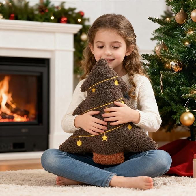 Artmag Christmas Pillow, Decorative Christmas Tree Pillow Stuffed Tree Shaped Embroidered Star Ball Bedroom Xmas Plush for Party Home Decorations 15.5" x 14.5" Brown