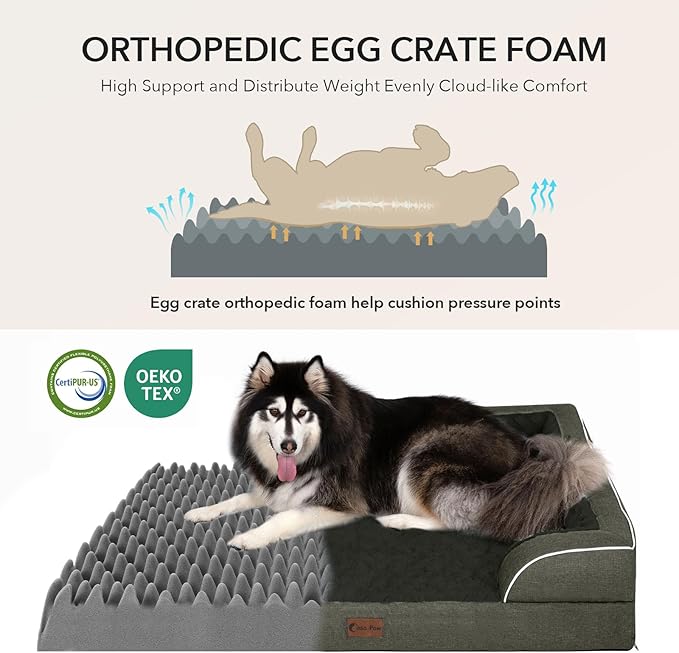 Orthopedic Dog Beds for Large Sized Dogs, Waterproof Memory Foam Large Pet Bed with Sides 35x22Inch, Non-Slip and Egg-Crate Foam Big Dog Couch Bed with Removable Washable Cover, Dark Green