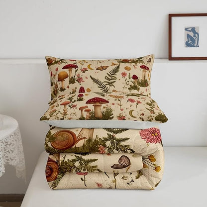 Erosebridal Wild Mushroom Butterfly Flower Bedding Set, Boho Mushroom Moth Comforter Set Full for Kids Girls Boys Teens Adults, Spring Blossom Comforter, Natural Wild Fungus Quilt 3 Piece
