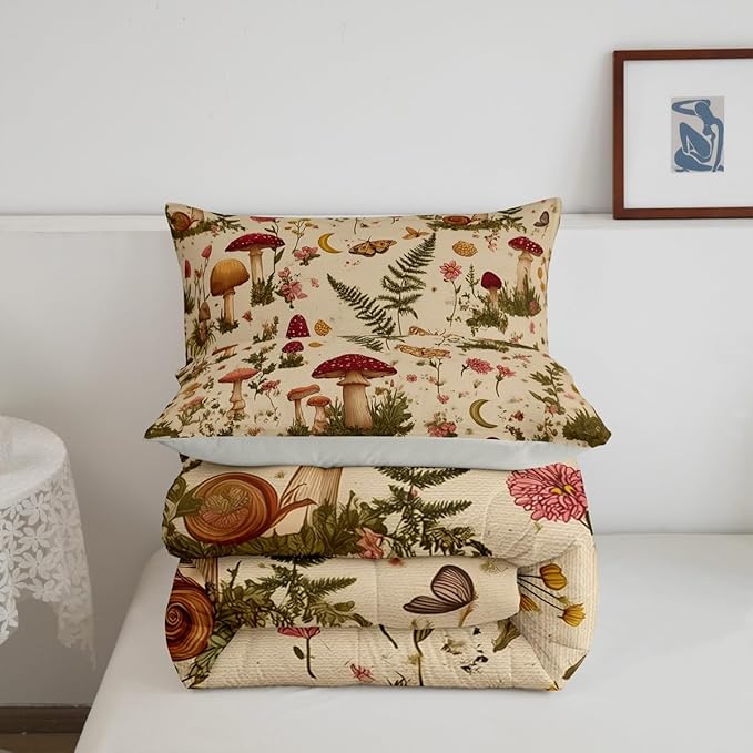Erosebridal Wild Mushroom Butterfly Flower Bedding Set, Boho Mushroom Moth Comforter Set Toddler for Kids Girls Boys Teens Adults, Spring Blossom Comforter, Natural Wild Fungus Quilt 2 Piece