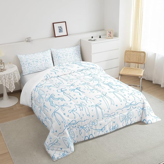 Cute Blue Bowknot Comforter Set King Size,Cartoon Hand Drawn Stars Love Bow Bedding Set,Kids Girls Sweet Princess Style Quilt Set for Teens Woman Room Decor,Modern Romantic Duvet Insert 3Pcs