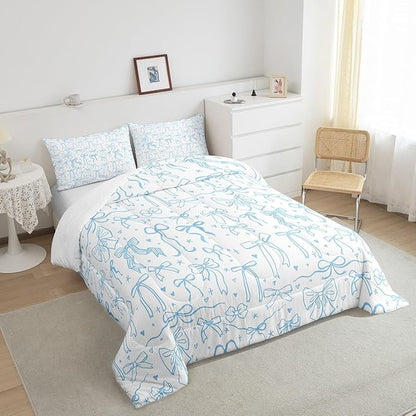 Cute Blue Bowknot Comforter Set King Size,Cartoon Hand Drawn Stars Love Bow Bedding Set,Kids Girls Sweet Princess Style Quilt Set for Teens Woman Room Decor,Modern Romantic Duvet Insert 3Pcs