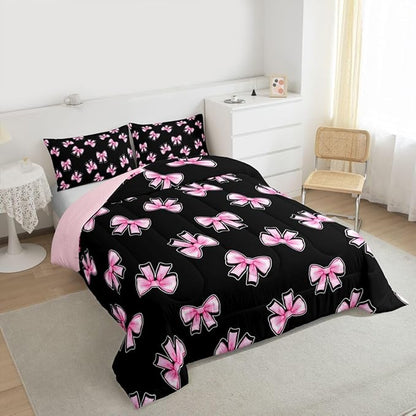 Erosebridal Coquette Bow Bedding Set Toddler for Girls Pink Bowknot Comforter Set for Kids Teen Girls Women Bedroom Black Pink Comforter Princess Trendy Aesthetic Bows Quilt Duvet