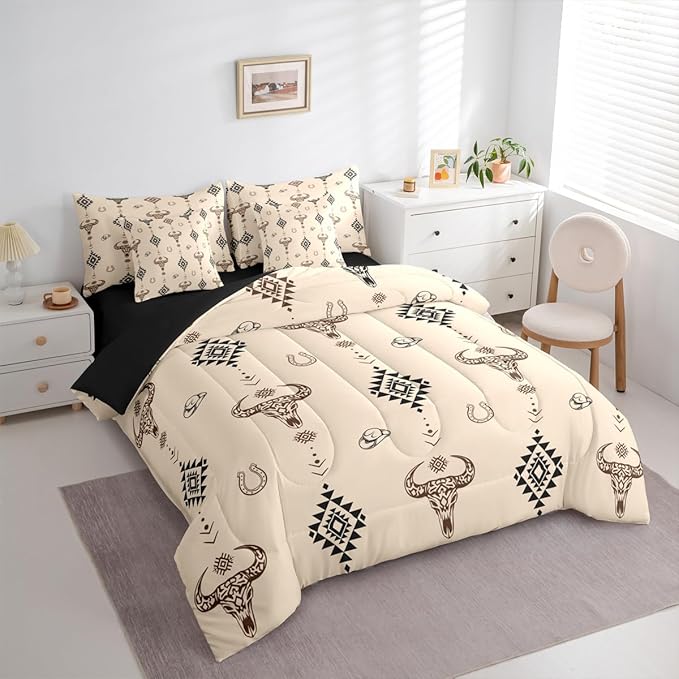Erosebridal Cowboy Hat 7 Piece Bedding Set Full Bull Skull Comforter Set with Sheets Cowboy Hat Dot Western Beige Aztec Bed in a Bag Horseshoe Geometric Boho Arrow for Teens Men Women