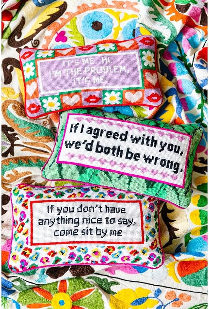 FURBISH Needlepoint Decorative Throw Pillow - Come Sit by Me - 9" x 15" - Small Embroidered Accent Pillow for Bed, Chair, Couch, Sofa - Eclectic Home Decor