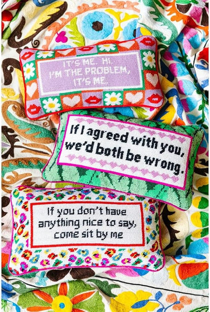 FURBISH Needlepoint Decorative Throw Pillow - Come Sit by Me - 9" x 15" - Small Embroidered Accent Pillow for Bed, Chair, Couch, Sofa - Eclectic Home Decor
