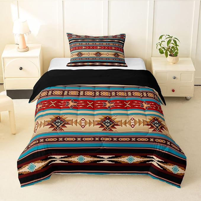 Aztec Bedding Set Ethnic Tribal Arrow Comforter Set,Vintage Southwestern Native Bohemian Quilt Twin,Western Star Duvet Insert Exotic Geometric Diamond Stripes Room Decor,Red Blue Dark Brown