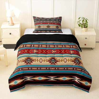 Aztec Bedding Set Ethnic Tribal Arrow Comforter Set,Vintage Southwestern Native Bohemian Quilt Twin,Western Star Duvet Insert Exotic Geometric Diamond Stripes Room Decor,Red Blue Dark Brown
