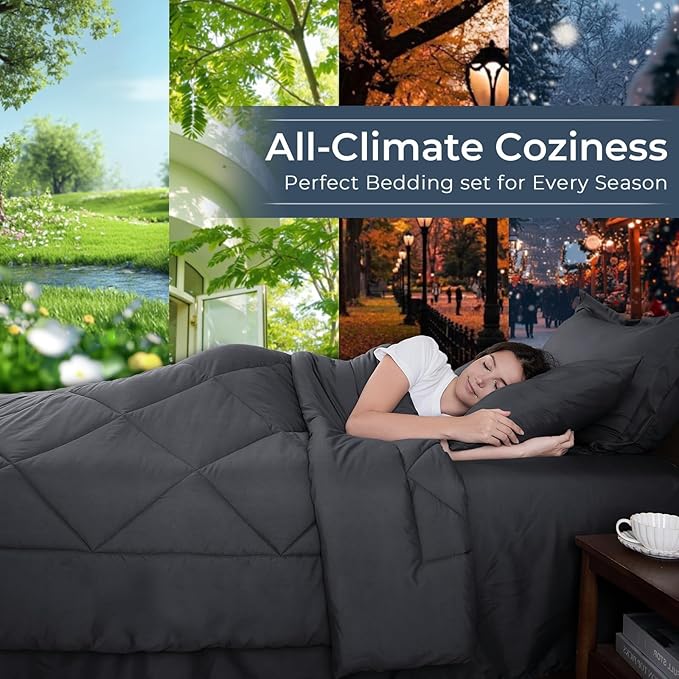 HEVUMYI Twin Comforter Set - 5-Piece All Season Bed in a Bag Twin, Ultra Soft Bedding Set with Comforter, Flat Sheet, Fitted Sheet, Pillowcases, Pillow Shams, Dark Grey