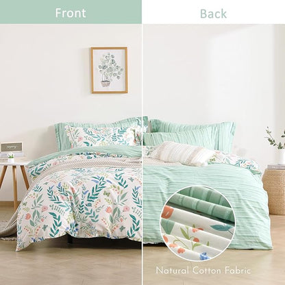 Botanical Cotton Comforter Queen Size 3Pcs - Cute Garden Floral Design with Green Leaves & Coral and Pink Flowers,Sage Striped Reverse,Lightweight Reversible Bedding Sets(Full/Queen,90"×90")